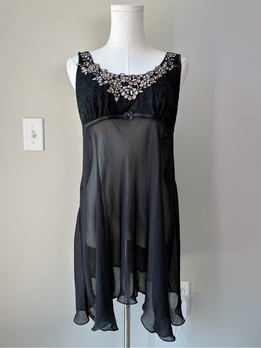 Linea Donatella Black Embroidered Lace Mesh Slip Dress Romantic Feminine